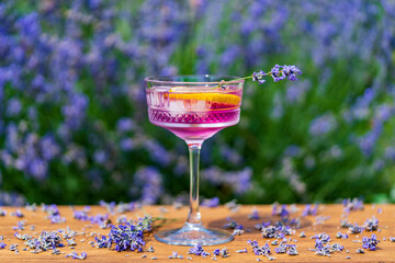 Bright cocktail or lemonade served in elegant crystal glass on wooden table against of a green summer garden. Purple color drink with lavender herb flowers and slice of lemon, closeup