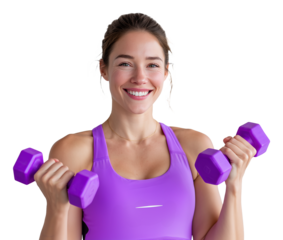 Happy european woman in purple activewear with dumbbells image isolated transparent. Active lifestyle. Fitness empowerment cut out photo png. Personal health cutout photography