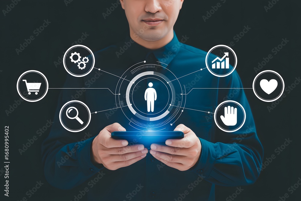 Poster man holding smartphone with digital interface displaying various icons on a dark background scene
