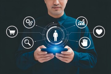 Man holding smartphone with digital interface displaying various icons on a dark background scene