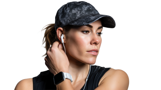 Fit woman in black cap adjusting wired earphones image isolated transparent. Athletic activewear female wearing smartwatch cut out photo png. Ready for workout cutout photography