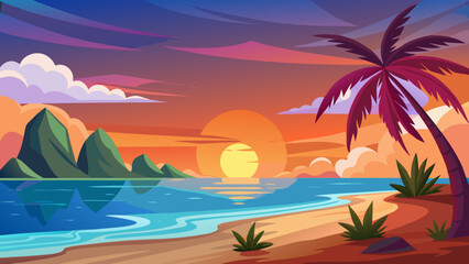 Fototapeta premium Vector art of tropical beach sunset landscape with palm tree, ocean, and mountains, creating a serene and picturesque scene for vacation and relaxation