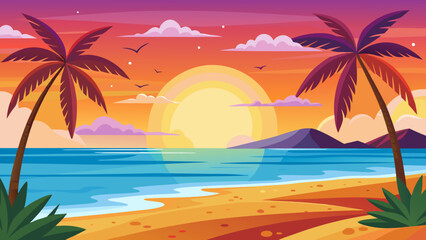 Fototapeta premium Vector art of tropical beach sunset with palm trees, calm sea, and colorful sky creating a serene and idyllic vacation scene, perfect for relaxation and travel