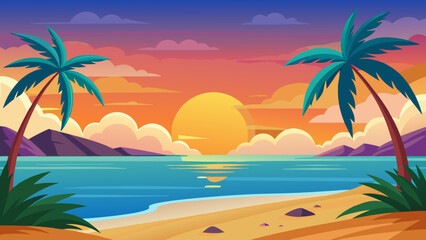 Fototapeta premium Vector art of tropical beach sunset with palm trees, calm sea, and colorful sky creating a serene and idyllic vacation scene, perfect for relaxation and travel