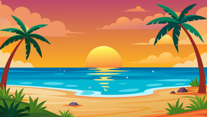 Fototapeta premium Vector art of a beautiful tropical beach sunset with palm trees, calm sea, and a colorful sky creating a serene and idyllic vacation scene