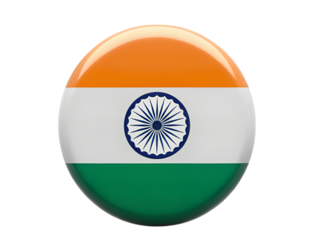 Glossy button badge featuring the iconic Indian flag design, a vibrant emblem of national identity, on transparent background