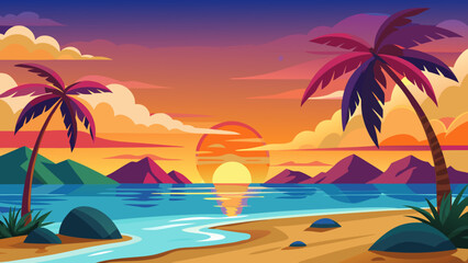Obraz premium Vector art of a vibrant tropical beach sunset with palm trees, mountains, and a calm ocean, creating a peaceful and idyllic vacation scene at dusk