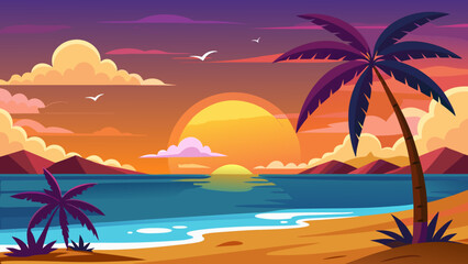 Obraz premium Vector art of a vibrant sunset over a tropical beach with palm trees, creating a serene and inviting scene for vacation and relaxation