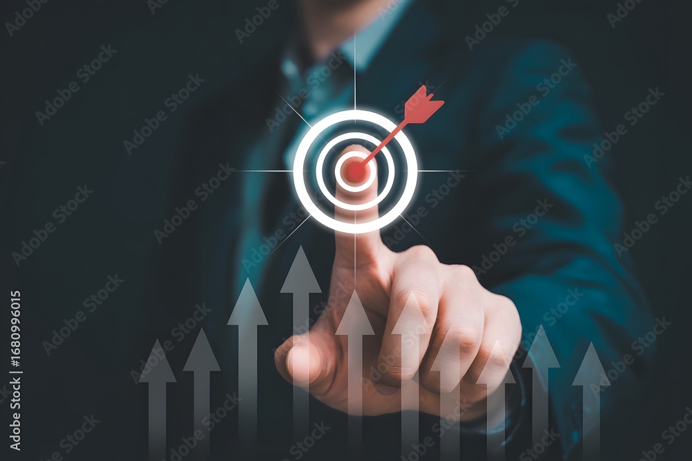 Poster person pointing at a target with an arrow in the center and arrows pointing up from the bottom