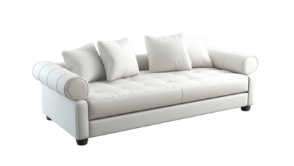 3d model of a  sofa with buttons, a scandinavian-style sofa with wooden legs, at a 45-degree angle, against a gray background, with a perspective grid on the floor and in the bottom-left corner 