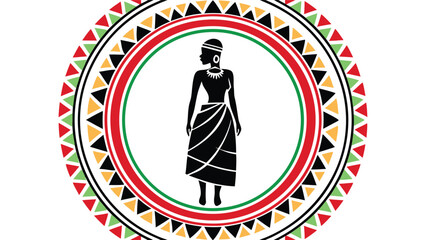 Adobe Illustrator Artwork Black silhouette of a woman wearing a long skirt inside colorful African patterned circles.