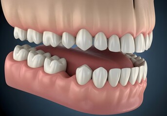 Obraz premium Close up of a set of teeth with a missing tooth in the lower jaw on a dark blue background
