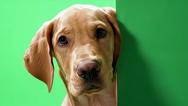 Adorable sad-eyed puppy with floppy ears hiding and looking around a corner against a solid bright green chroma key background