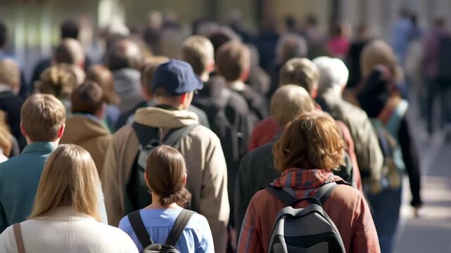 Large crowd of european people walking outdoors animation video. Daily commute, city life from behind animated footage clip seamless HD motion graphics. Human morning rush concept