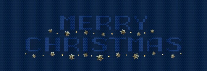 Merry christmas banner. Blue text and gold snowflakes on navy knitted background