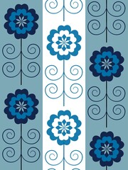 Blue white seamless background with flowers.
Abstract, repeating regular pattern for print.
Graphic design with regular shapes.