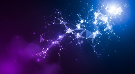 Abstract network of white lines and dots with purple and blue gradient background and bright light