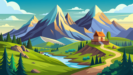 Vector art of serene mountain landscape featuring a charming house nestled amidst rolling hills, lush greenery, and a winding river under a clear sky