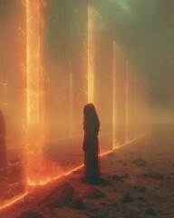 Silhouette Before Glowing Vertical Light Beams in Mist