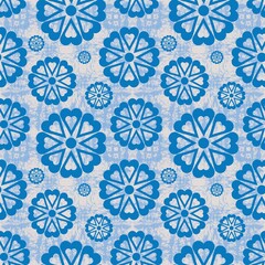 Blue white seamless background with flowers.
Abstract, repeating regular pattern for print.
Graphic design with regular shapes.