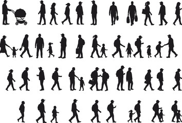 Silhouette of people walking, parents with children, family activities, urban lifestyle, outdoor walking, casual clothing, everyday life, diverse human silhouettes