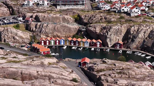 Orbiting drone footage of Smogen town in Sotenas Municipality, Vastra Gotaland County, Sweden