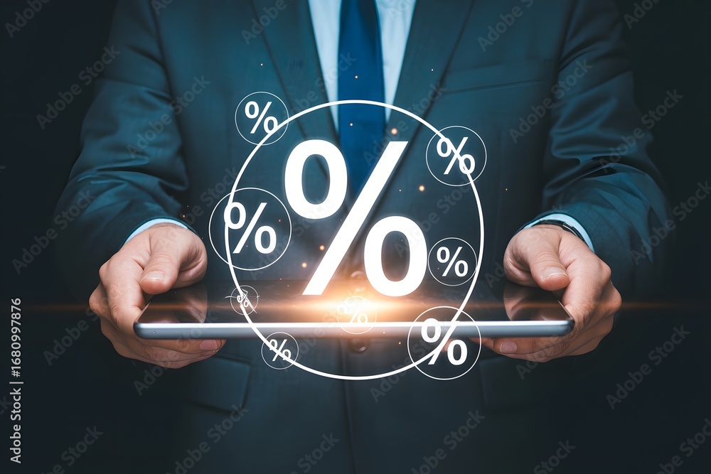 Poster a man in a suit holding a tablet with percentage symbols floating around it on a dark background