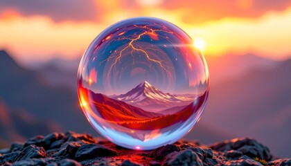 A magical scene where a transparent bubble containing a vibrant mountainous landscape is placed against a backdrop of a twilight s