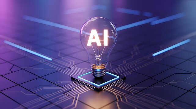 Innovative AI concept featuring glowing lightbulb on futuristic circuit board, representing bright ideas and advanced technology in a vibrant, modern design