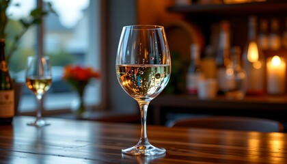An elegant dining setting with a focus on two wine glasses, one of which is prominently positioned in the foreground