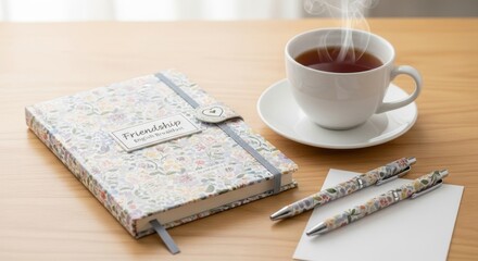 Floral journal with pens and steaming cup of tea on a wooden desktop surface