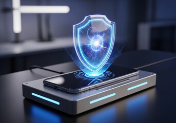 Futuristic Mobile Cybersecurity Shield Hologram with Smartphone Protection Concept