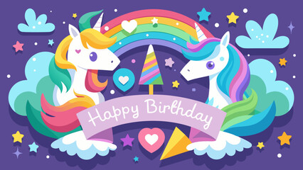 Vector art of two cute unicorns with rainbow and stars wishing happy birthday