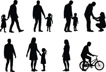 Silhouettes of parents and children walking, bonding, holding hands, riding bicycle, spending time together, parenting, outdoor lifestyle, happy family connection.