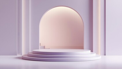 Elegant pastel archway with tiered pedestal for product display