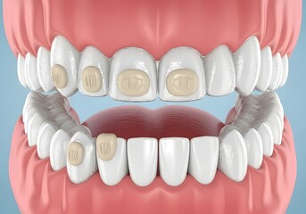Fototapeta premium A dental model showing teeth with restorations and gums against a light blue background color