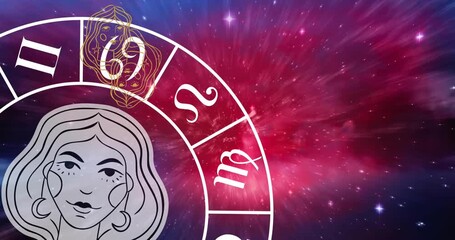Animation of virgo over rotating zodiac wheel over cosmos - Powered by Adobe