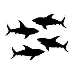 Obraz premium Vector art of silhouette of a group of sharks, swimming together in the ocean, a simple black and white vector illustration of marine predators