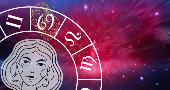Animation of virgo over rotating zodiac wheel over cosmos