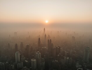 Aerial view of a brownish grey smog layer blanketing the entire city of Lahore Pakistan