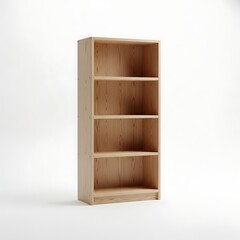 Wooden bookshelf with four shelves for storage isolated on white background