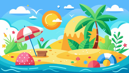 Obraz premium Vector art of beautiful summer beach landscape with umbrella, palm tree, and blue sea