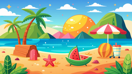 Obraz premium Vector art of tropical beach with palm trees, watermelon, and umbrella on a sunny day