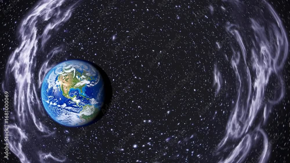 Poster a cosmic video concept showing earth from space. the wide-angle view captures swirling stars and neb