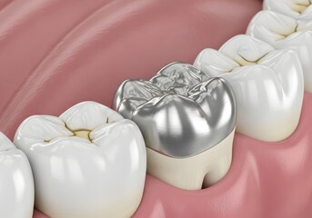 A close up view of teeth with a silver filling in the mouth showing dental care and hygiene focus