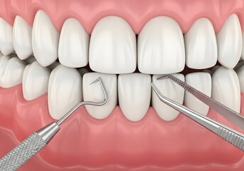 A close up of teeth with dental tools for cleaning and examination showing oral hygiene process