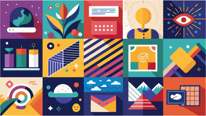 Vector art of colorful abstract geometric shapes and icons for modern design concept