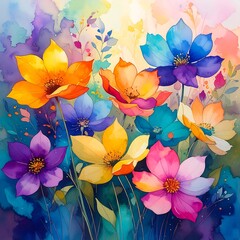 Vibrant floral art piece showcasing a profusion of colorful flowers in various shades of pink, blue, orange, and yellow, set against a backdrop of textured watercolors.