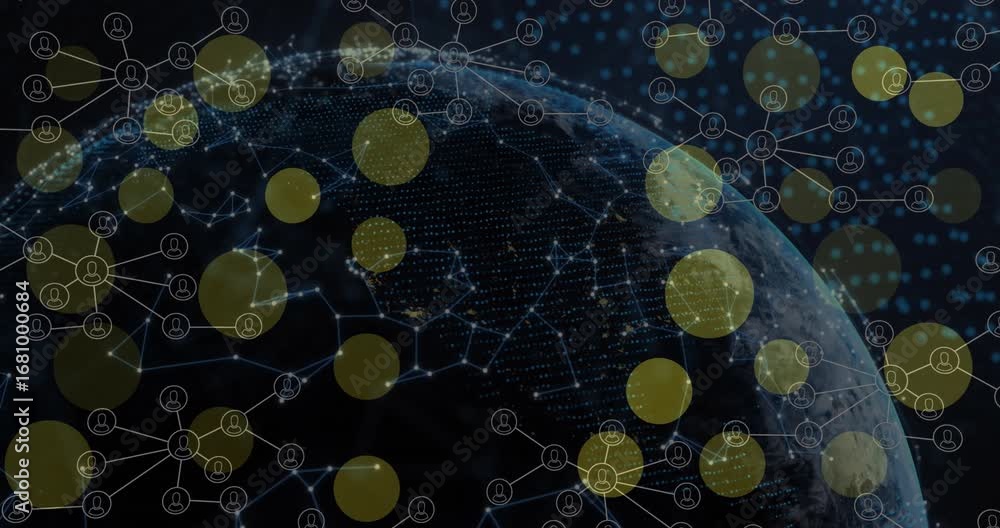 Poster animation of dots blinking over connections and globe on black background