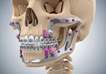 Anatomical model showcasing jaw reconstruction with metal plates screws and dental braces on teeth